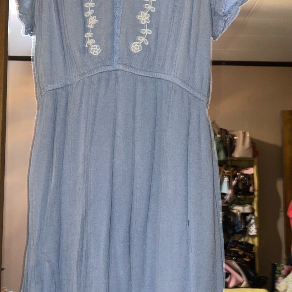 Blue Dress with White Embroidery